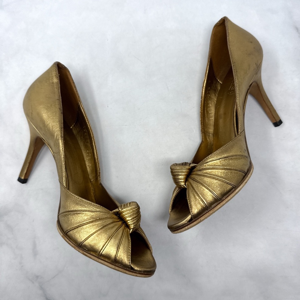 GUCCI Vintage Y2K Metallic Leather Knot Peep Toe Mid Height Pump Heels Gold 37.5 - Picture 8 of 16